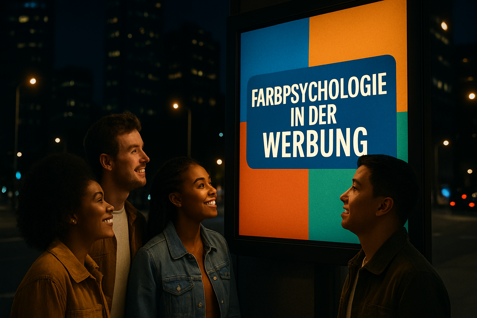 junge Menschen betrachten ein Plakat in einer Stadt am Abend.