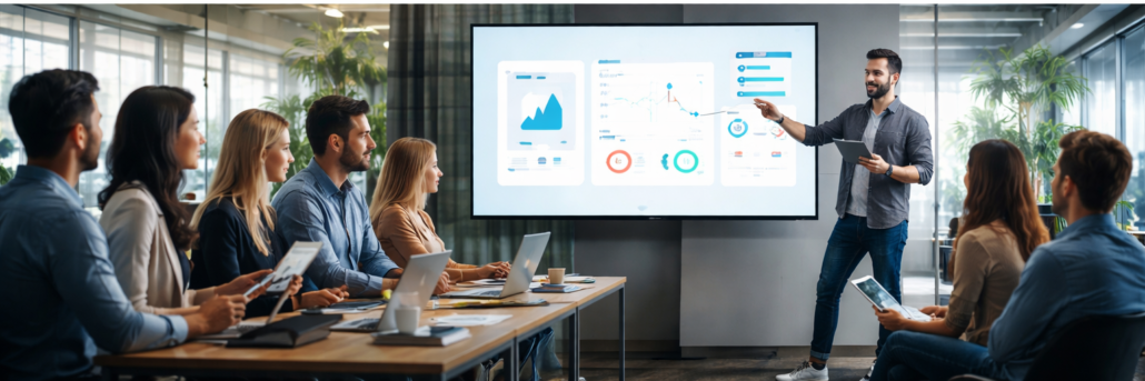 Präsentation einer App mit Dashboard und Datenanalyse auf großem Bildschirm vor Publikum