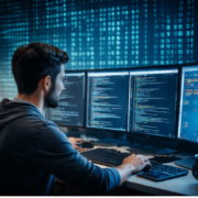 Programmierer arbeitet an KI-gestützter App-Entwicklung vor Bildschirmen mit Code und digitaler Datenmatrix