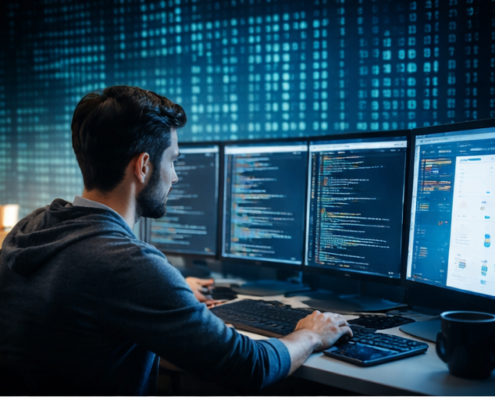 Programmierer arbeitet an KI-gestützter App-Entwicklung vor Bildschirmen mit Code und digitaler Datenmatrix