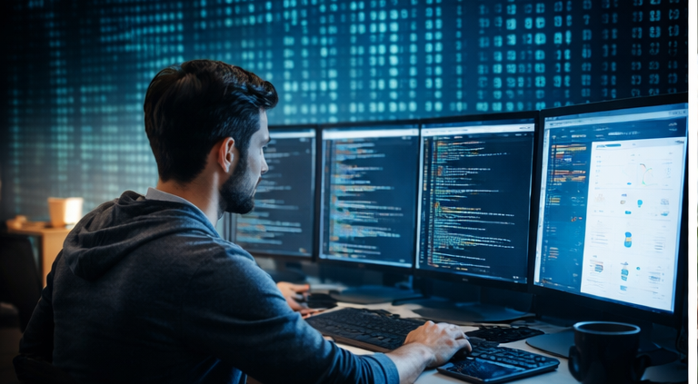 Programmierer arbeitet an KI-gestützter App-Entwicklung vor Bildschirmen mit Code und digitaler Datenmatrix