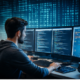 Programmierer arbeitet an KI-gestützter App-Entwicklung vor Bildschirmen mit Code und digitaler Datenmatrix
