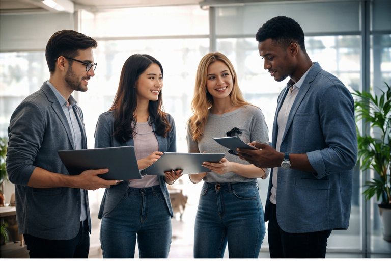 Junges Team diskutiert App-Konzept mit Laptop und Tablet in modernem Büro